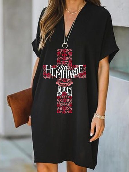 

Letter Floral Cotton Blends Casual Short Sleeve Knit Dress, Black, Mini Dresses