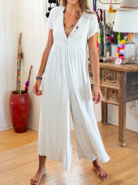 

Regular Fit Casual V Neck Jumpsuit & Romper, White, Jumpsuits＆Rompers