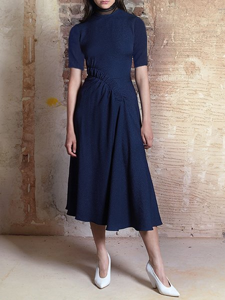 

Stand Collar Plain Short Sleeve Knit Dress, Dark blue, Midi Dresses