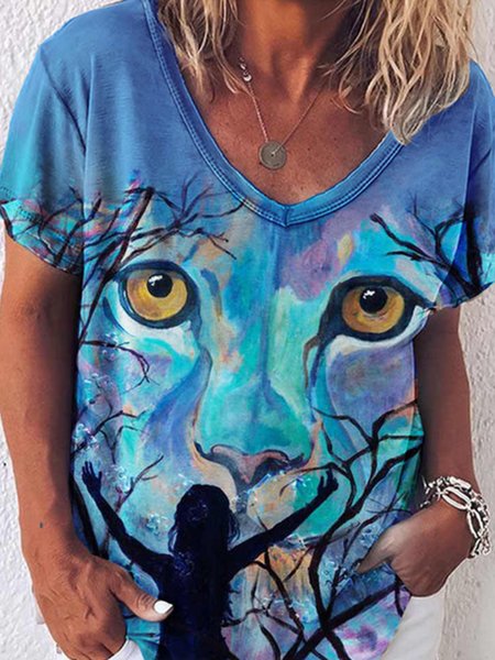 

V Neck Loosen Vacation Short Sleeve T-Shirt, Multicolor, T-Shirts