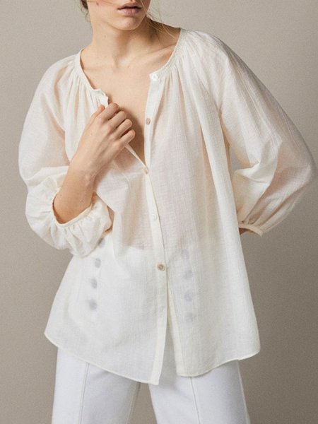 

Solid Simple Crew Neck Long Sleeve Top, Apricot, Tops