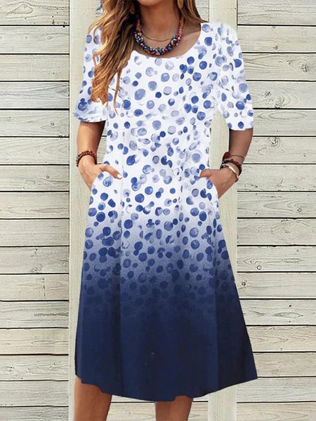 

Casual Polka Dots Pockets Loosen Short Sleeve A-line Dress, Blue, Mini Dresses
