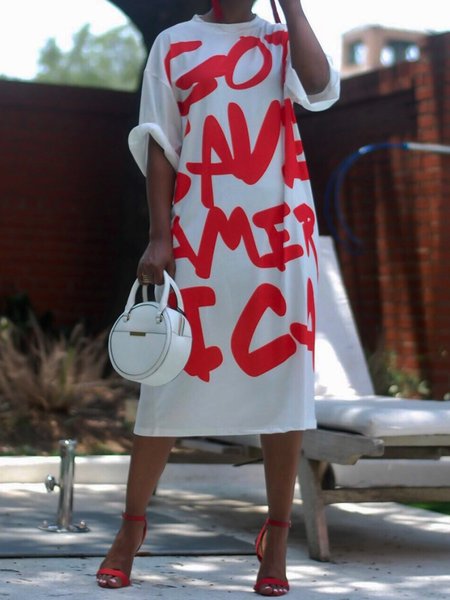 

Daily Letter Crew Neck Casual Short Sleeve Dress, White, Midi Dresses