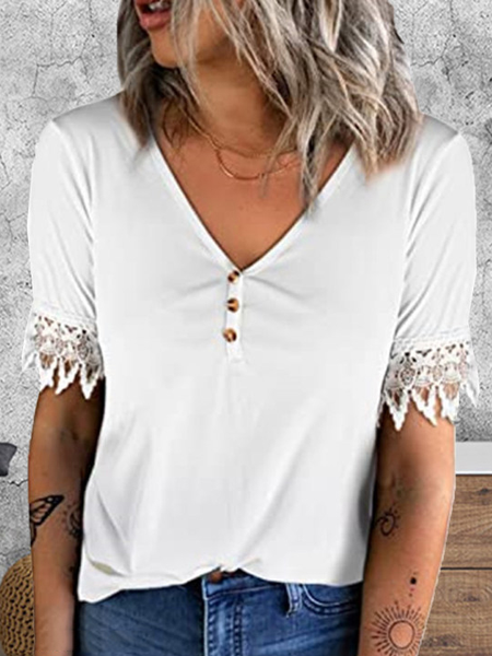 

Lacquer Stitched Button V-collar Short Sleeve T-shirt, White, T-Shirts