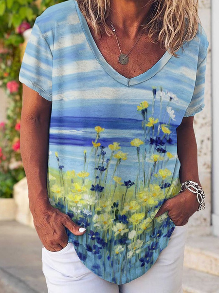 Casual Simple Floral Print V-Neck T-Shirt, As picture, T-shirts