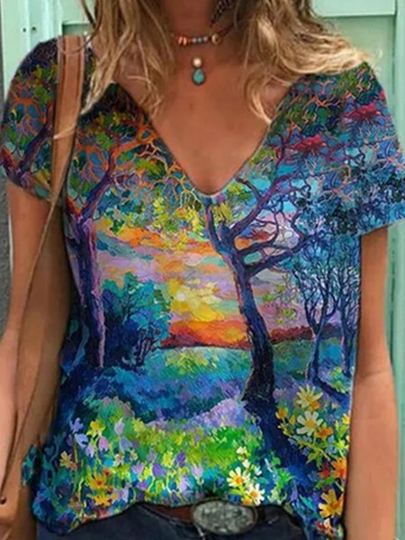 

Painted Vacation V Neck Short Sleeve T-Shirt, Multicolor, T-Shirts