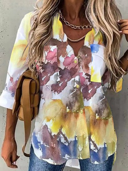 

V Neck Casual Long Sleeve Blouse, White, Blouses & Shirts
