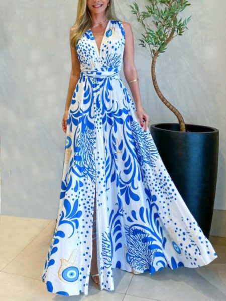 

Summer V neck Vacation Short Sleeve Woven Fit and FlareX Dress, Blue, Maxi Dresses
