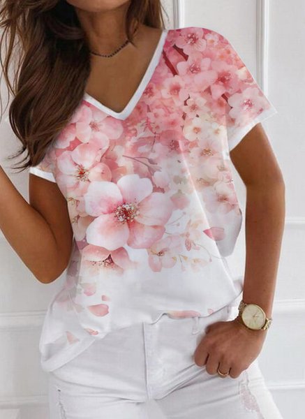 

Floral Loosen V Neck Short Sleeve Tops, Pink, T-Shirts