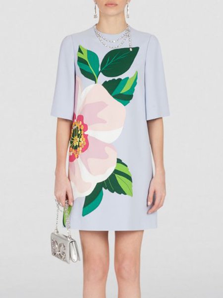 

Floral Crew Neck Simple Half Sleeve Mini Dress, Blue, Mini Dresses