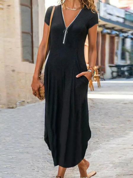 

Plain Boho Short Sleeve Knit Dress, Black, Summer Dresses