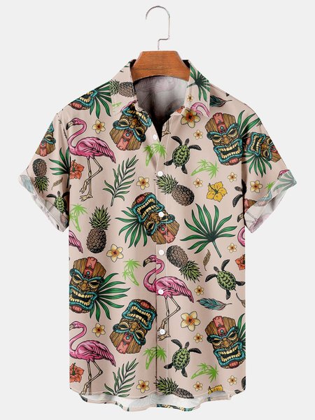 

Men's Printed Casual Short Sleeve Hawaiian Shirt, Light khaki, Men's Floral shirt