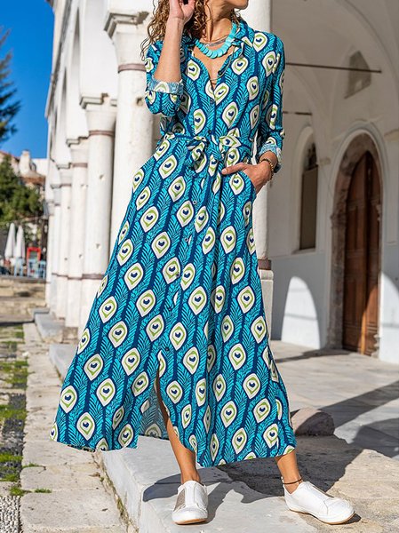 

Shirt Collar Tribal Printed Long Sleeve Woven Dress, Blue, Dresses