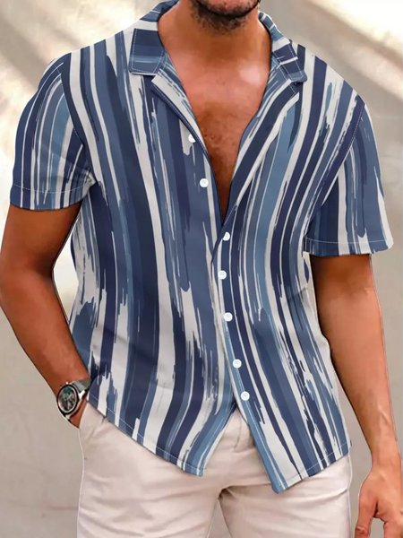 

Painted-Stripe-Indigo Men's Shirts, As picture, Short Sleeves Shirts