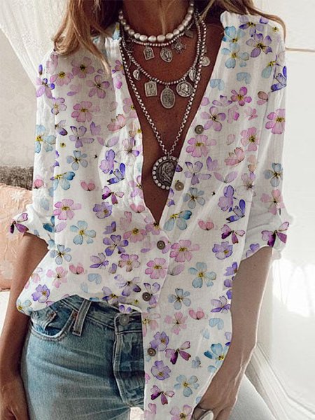 

V Neck Casual Buttoned Long Sleeve Blouse, White, Blouses & Shirts