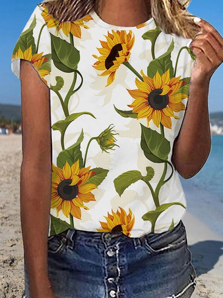 

Vacation Sunflower Floral Casual Loosen Crew Neck Short Sleeve T-Shirt, Flower, T-Shirts