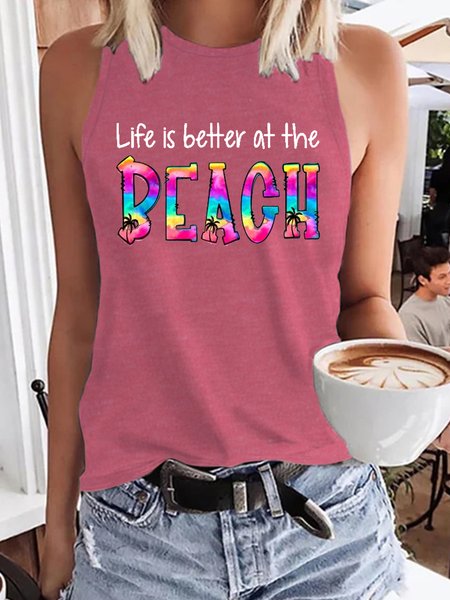 

Life Is Better At The Beach Casual Letter Knit Tank, Pink, Tank Tops