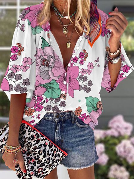 Romantic Floral Casual Loosen Shirt Collar Mid Sleeve Blouse, Flower, Blouses & Shirts