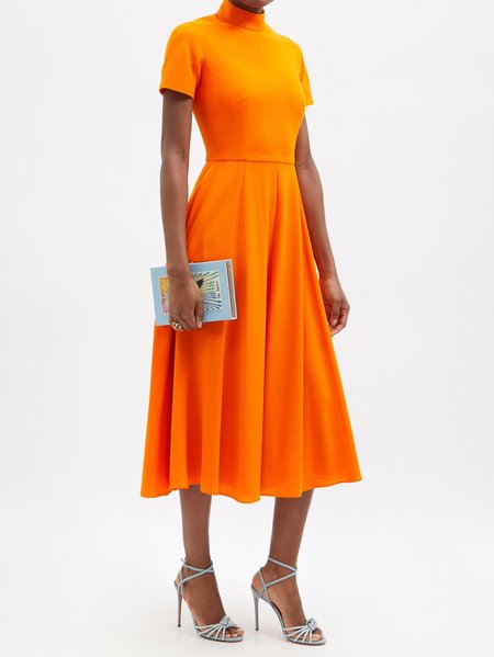 

Stand Collar Simple Short Sleeve Knit Dress, Orange, Midi Dresses