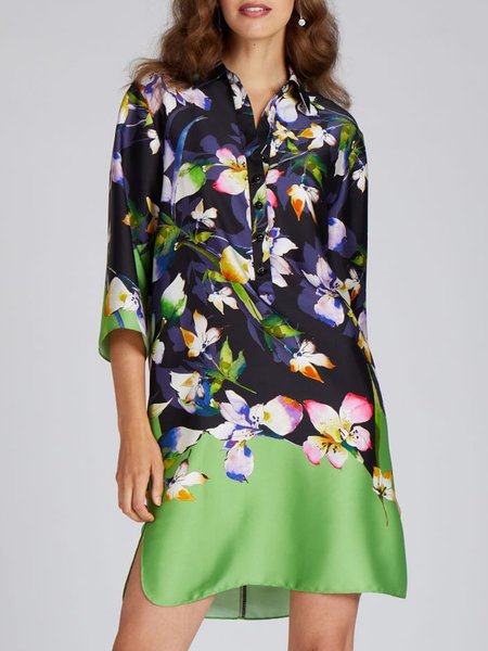 

Printed Shirt Collar Vacation Three Quarter Dress, Green, Mini Dresses