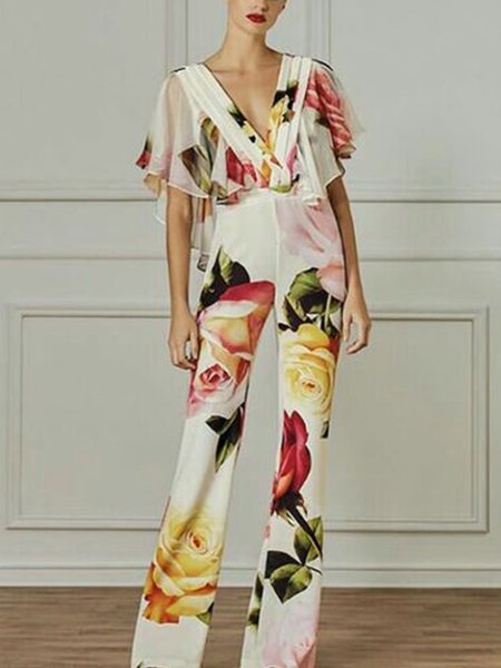 

Deep V Floral Elegant Regular Fit Jumpsuit, Multicolor, Jumpsuits