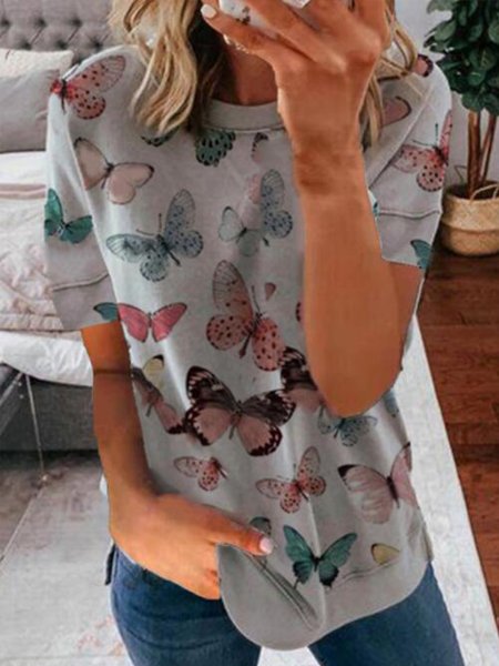 

Butterfly Crew Neck Short Sleeve T-Shirt, Gray, T-Shirts