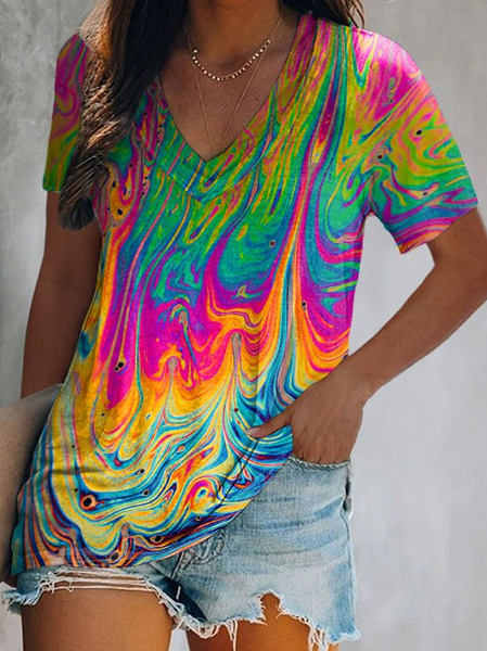 

Ombre V Neck Vacation Short Sleeve T-Shirt, Multicolor, T-Shirts