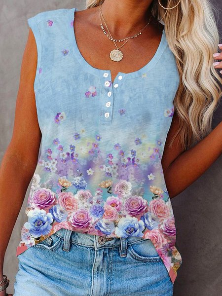 

Floral Loosen Casual Knit Tank, Blue, Tank Top
