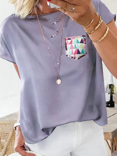 Polyester Cotton Plain Short Sleeve T-Shirt, Purple, Tops
