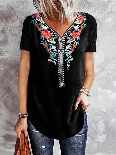 

Cotton Blends Tribal Ethnic Short Sleeve T-Shirt, Black, T-Shirts