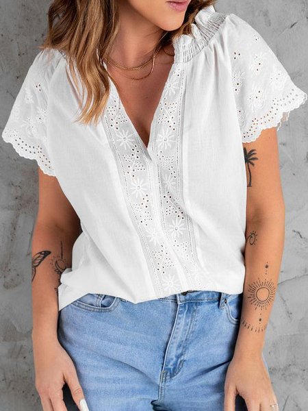 

Plain V Neck Cotton Short Sleeve Tops, White, Blouses & Shirts