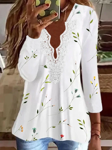 

Lace V Neck Leaves Long Sleeve Casual T-Shirt, White, T-Shirts