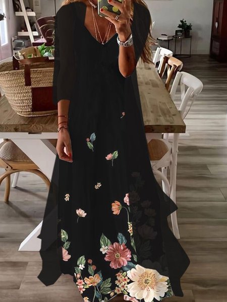 

Two Pieces Floral Casual V Neck Short Sleeve Knit Dress, Black, Maxi Dresses