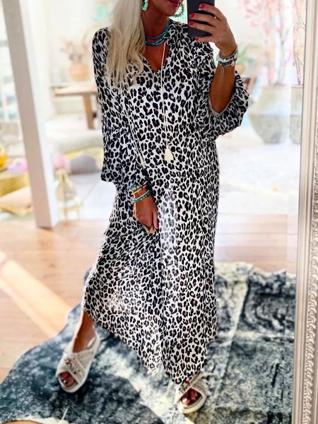 

Loosen Long Sleeve Woven Dress, As picture, Dresses