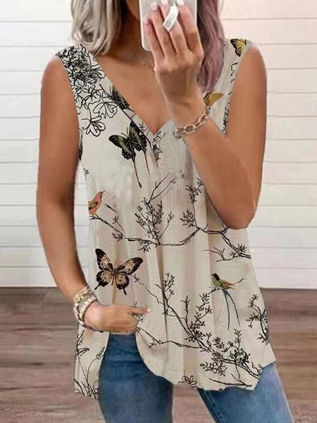 

Butterfly Floral Printed Casual Loosen V Neck Knit Tank, Flower, Tank Top
