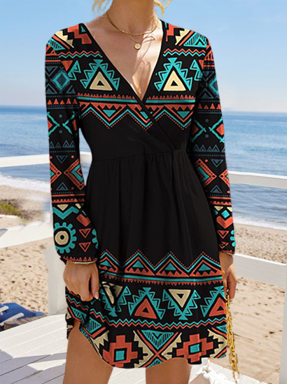 

Black & Teal Geometric Long Sleeve Resort Seaside Dress Ethnic Tribal V Neck Bishop Sleeve Long Sleeve Knit Dress, Dresses