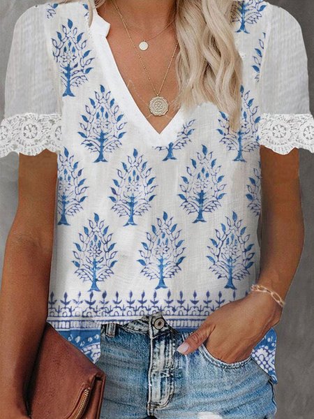 

Casual V Neck Regular Fit Short Sleeve Tops, White, Tops