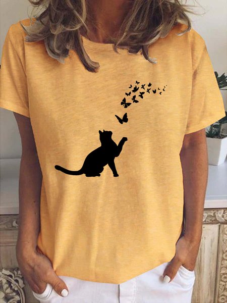

Casual Simple Butterfly Cat Print T-Shirt, Yellow, T-shirts