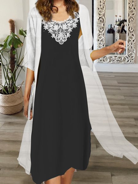 

Plain no pattern Chiffon Lace holiday graduation season party two-piece suit dress long Plus Size, Black-white, Suit Set