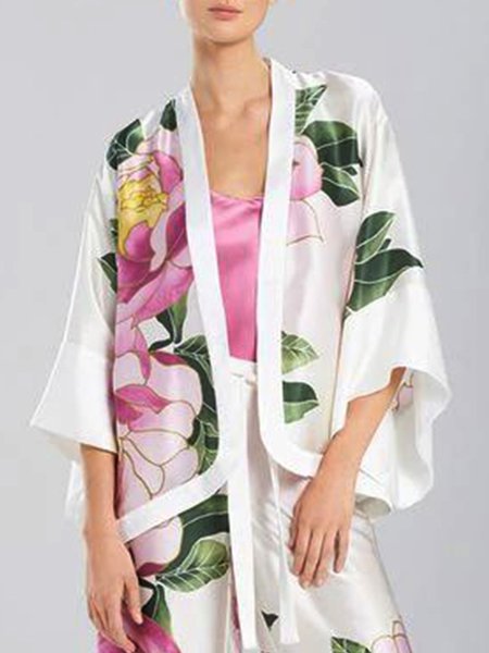 

Three Quarter Daily Floral Elegant Loosen Cardigan, White, Kimonos