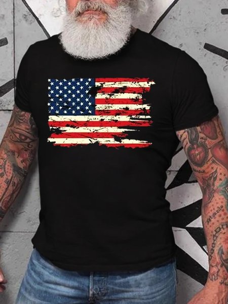 American Flag Print Casual Short Sleeve T-Shirt, Black, T-shirts