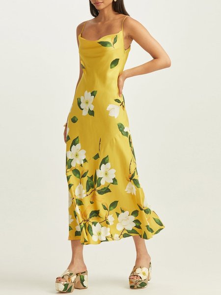 

Regular Fit Elegant Floral Sleeveless Midi Dress, Yellow, Maxi Dresses
