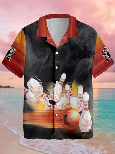 

Casual Style Sports Series Bowling Element Pattern Lapel Short Sleeve Print Shirt Top, As picture, Men's Floral shirt