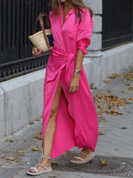 

Daily Simple Shirt Collar Three Quarter Solid Dress, Pink, Maxi Dresses