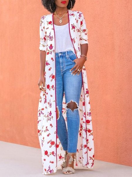 

Daily Vacation Long Sleeve Floral Collarless Cardigan, Red, Kimonos