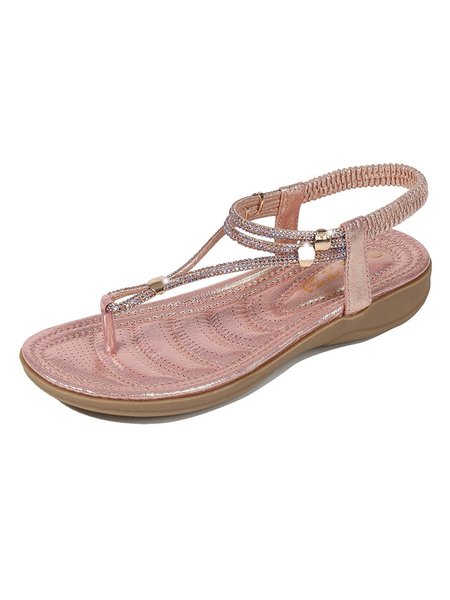 

Rhinestone Cutout Metal Buckle Elastic Band Thong Sandals, Champagne, Sandals