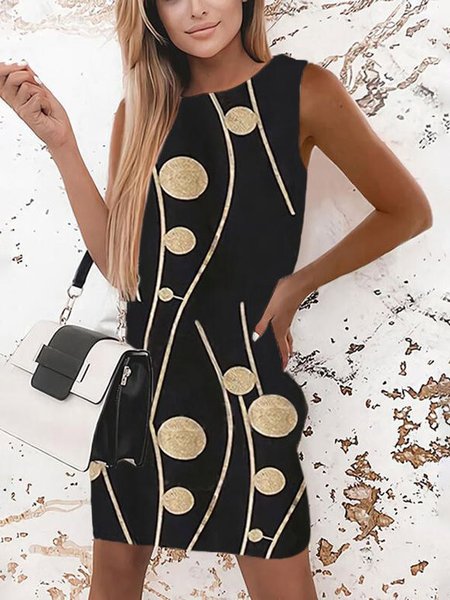 

Vacation Geometric Crew Neck Short Sleeve Woven Dress, Black, Summer Dresses