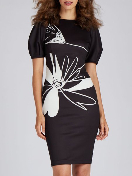 

Elegant Short Sleeve Crew Neck Printed Dress, Black, Midi Dresses