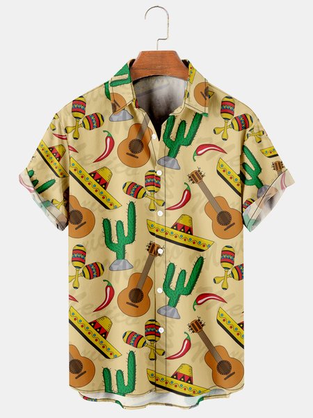 

Mens Cinco de Mayo Guitar Hat Print Casual Breathable Bowling Shirt, Khaki, Shirts ＆ Blouse