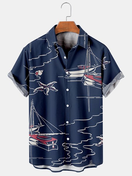 

Men's Printed Casual Breathable Short Sleeve Hawaiian Shirt, Purplish blue, Men's Floral shirt